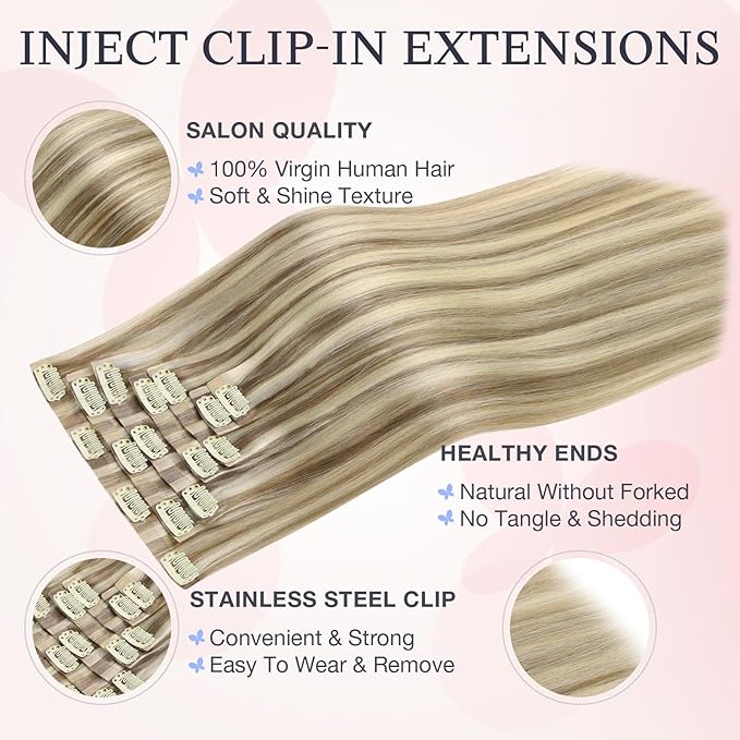 DOORES Invisi Edge Clip in Hair Extensions 22 inch 150g 7pcs, Virgin Invisible Seamless Clip in Extension Real Human Hair Injected Clipins Straight, P8/60 Light Brown Highlighted Medium Blonde