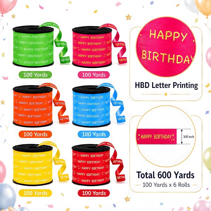 BEISHIDA 6 Assorted Colors Happy Birthday Printed Curling Ribbons Balloon - Image 2
