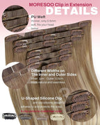 Moresoo Seamless Human Hair Clip in Extensions Ombre Seamless Clip in Human Hair Extensions Balayage Light Brown Mixed Golden Blonde 7pcs/120g 14inch