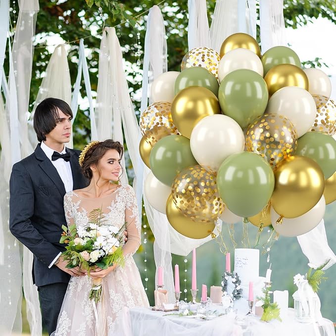 Sage Green and Gold Balloons, 12 Inch Metallic Gold Confetti Avocado Green Sand - Image 5