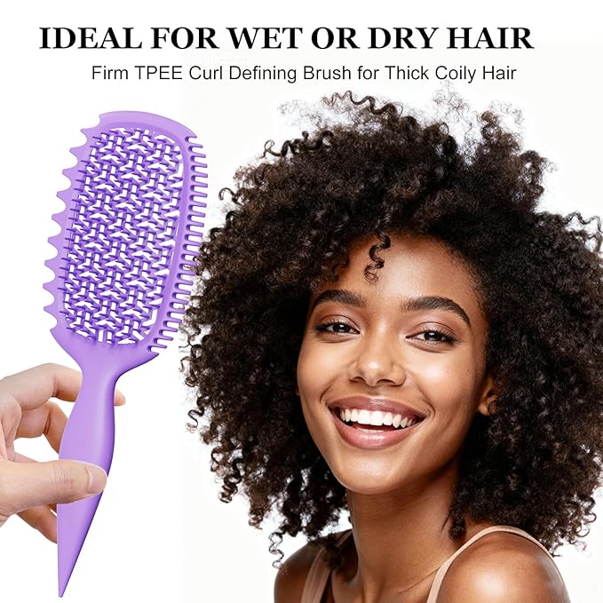 Curl Defining Brush for Thick Coily Hair, Firm-Bristle TPEE Detangling Brush for Coarse 4A–4C Curls, Dual-Sided Wide & Narrow Tooth Brush for Wet & Dry Curl Shaping– Women & Men (2054-Pale Lilac)