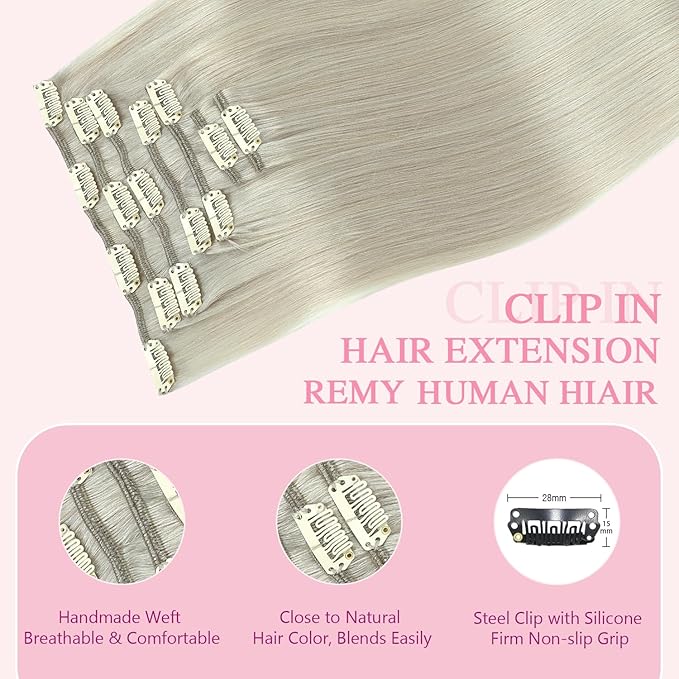 PINKPEARL Clip in Hair Extensions Real Human Hair, 22 Inch 120g 7pcs #1000 Gray Blonde Human Hair Extensions Clip Ins, Remy Hair Clip ins(#1000-22)