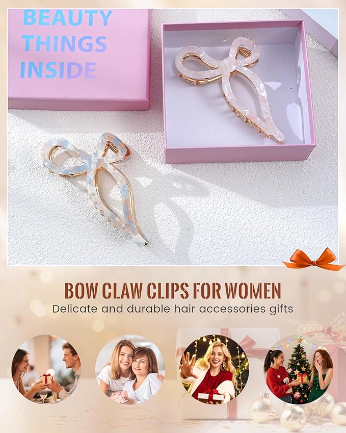 ACECHA 2 Pack Gold Metal Bow Hair Claw Clips for Women, 4.5" Colorful Non-slip Hairclips for Thick Thin Hair Claws Strong Hold Styling (Pink & Blue Floral)