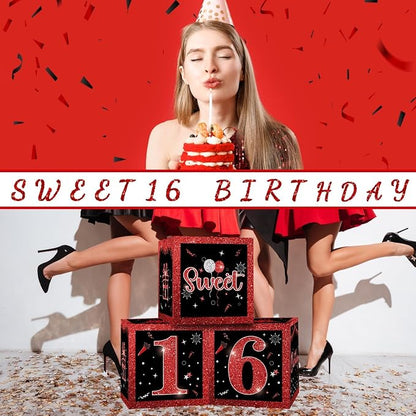 3 Pcs Happy 16th Birthday Decorations Red Black Balloon Box - Image 5