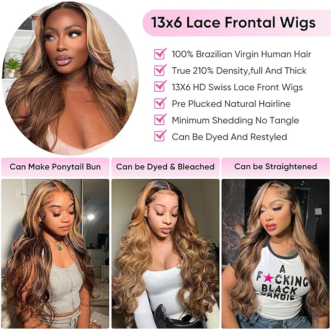 Honey Blonde Ombre 13x6 Lace Front Wig Human Hair 210 Density Highlight Body Wave Lace Front Wigs Human Hair Pre Plucked Glueless Lace Frontal Wig for Women 4/27 Colored 22Inch