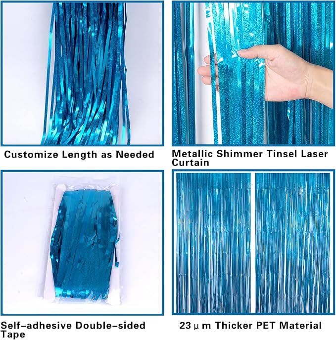 2 Pack 3.2ft x 8.2ft Blue Foil Fringe Curtains Photo Backdrop Party Decorations - Image 5