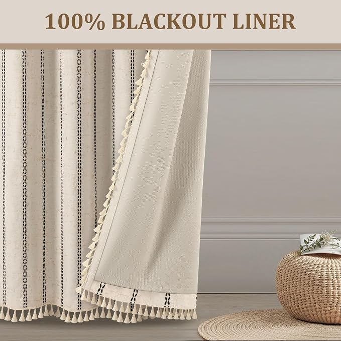 Beige 100% Boho Blackout Curtains 63 Inch 2 Panels - Image 6