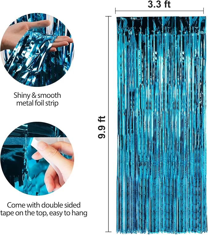 Crosize 2 Pack 3.3 x 9.9 ft Blue Foil Fringe Curtains Party Decorations - Image 2