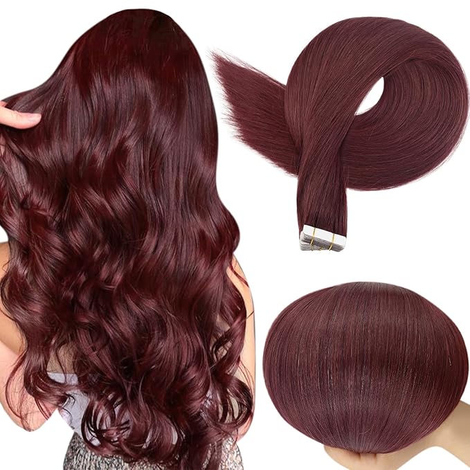 Full Shine Tape in Hair Extensions Real Human Hair Color 99J Tape in Extensions Seamless Invisible Skin Weft 24Inch Long Straight Extension Soft Silky for Daily Office Look 100G 40Pcs