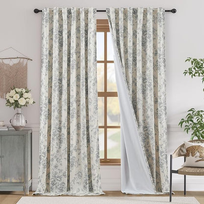 jinchan Grey Floral Linen Blackout Curtains Lined 96 Inch Back Tab 2 Panels | by JINCHAN
