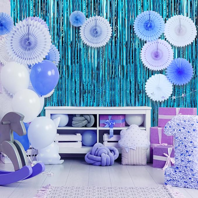 Crosize 2 Pack 3.3 x 9.9 ft Blue Foil Fringe Curtains Party Decorations - Image 4