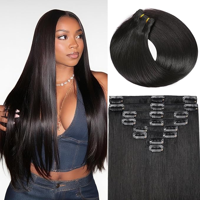 Clip in Hair Extensions Real Human Hair, 20 Inch 105g, 1B Natural Black, Invisible Seamless Straight Remy Human Hair Extensions Cip ins for Women 8pcs Per Set with Double Weft