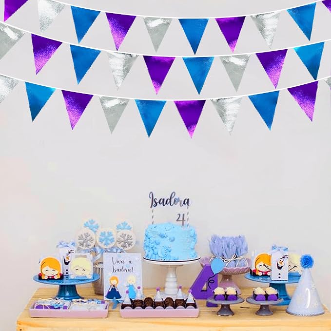 Frozen Party Decoration Purple Blue Silver Metallic Fabric Triangle Pennant - Image 5