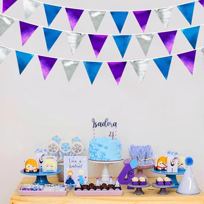 Frozen Party Decoration Purple Blue Silver Metallic Fabric Triangle Pennant - Image 5