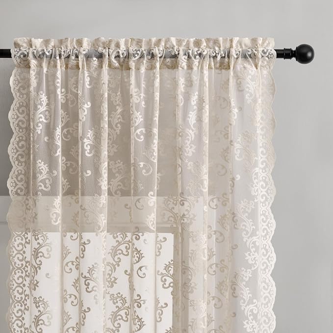 FOLKSIDE Khaki Lace Curtains 96 Inches Long 2 Panels Vintage Floral Sheer - Image 2