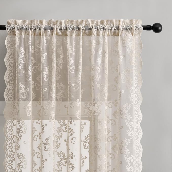 Khaki Lace Curtains 63 Inch Length 2 Panels Vintage French Floral Sheer Curtains - Image 3
