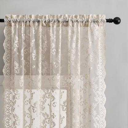 Khaki Lace Curtains 63 Inch Length 2 Panels Vintage French Floral Sheer Curtains - Image 3