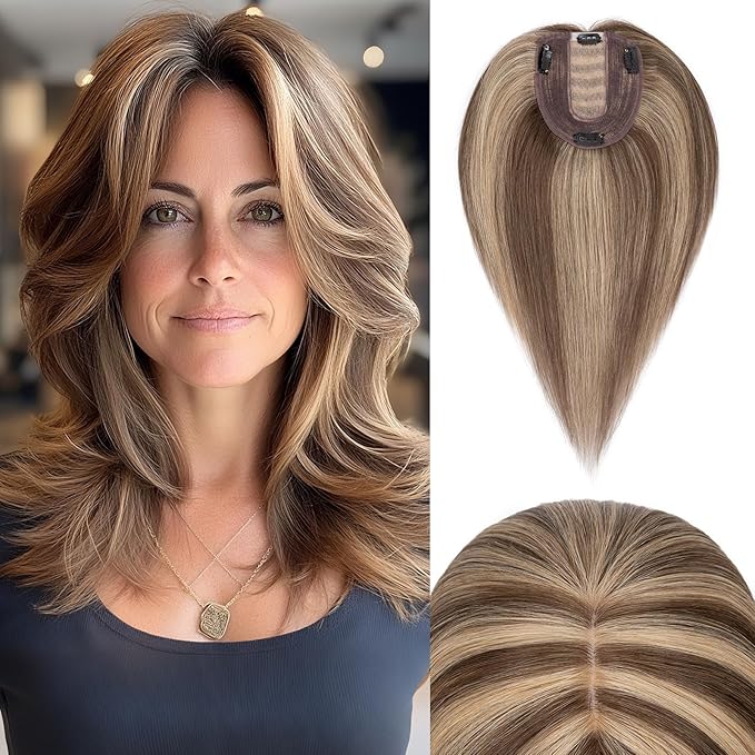 Rich Choices Hair Toppers for Women Real Human Hair 100% Human Remy Toppers NO Bangs with Thinning on Top Clip in Hairpiece 4"x4.7"Lace Base 10 Inch #4P27 Medium Brown Highlights Dark Blonde