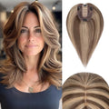 Rich Choices Hair Toppers for Women Real Human Hair 100% Human Remy Toppers NO Bangs with Thinning on Top Clip in Hairpiece 4"x4.7"Lace Base 10 Inch #4P27 Medium Brown Highlights Dark Blonde