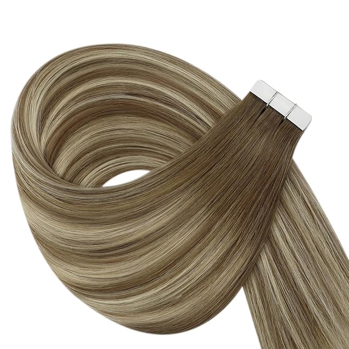 YoungSee Tape in Hair Extensions Human Hair Brown Tape in Hair Extensions Balayage Tapes ins Human Hair Extension Light Brown Ombre Platinum Blonde Hair Extension Tape-in 18 Inch 20pcs 50g