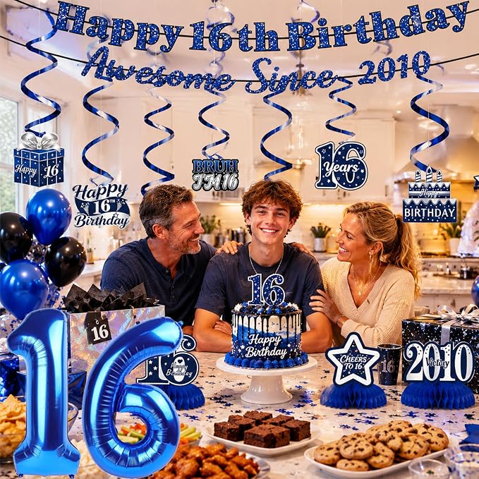 16th Birthday Decorations For Boys, Pre-Strung Navy Blue Happy 16th Birthday & - Image 5