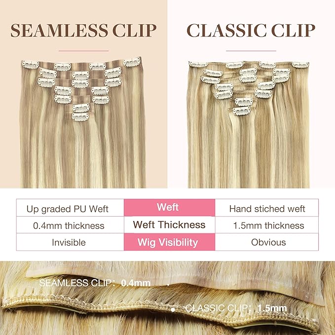 GOO GOO Clip in Hair Extensions Real Human Hair, Remy Human Hair Extensions Clip ins for Women, Natural Human Hair, 16inch 130g 7Pcs, 18A/613A Dark Blonde Highlighted Bleach Blonde