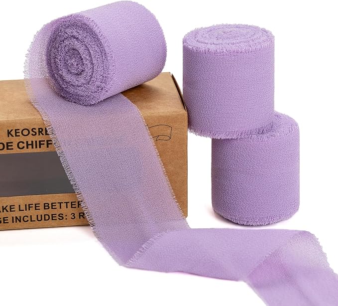 KEOSREE Purple Lavender Handmade Chiffon Ribbon, 1.5" x21Yd | Frayed Silk by KEOSREE