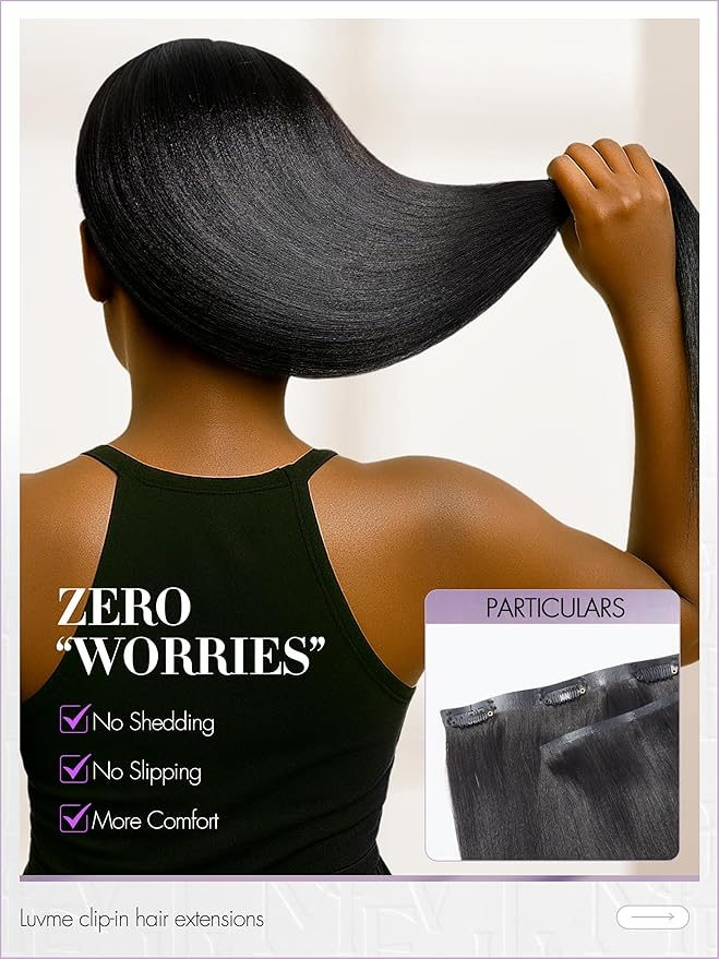LUVME Yaki Straight Seamless 70g 4Pcs Clip in Hair Extensions Full Max with 24inch Remy Human Hair Clip ins Extensions, Natural Black 100% Real Soft Hair