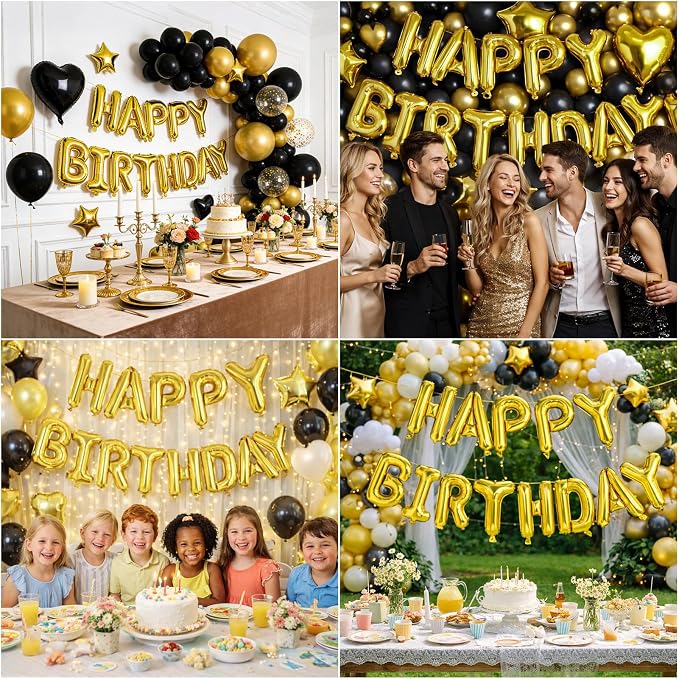 Gold Happy Birthday Balloons Banner, 16 Inch Pink Letters Aluminum Foil Balloon - Image 5