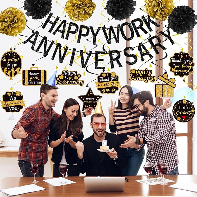 Happy Work Anniversary Decorations Black Gold, Happy Anniversary Banner - Image 3
