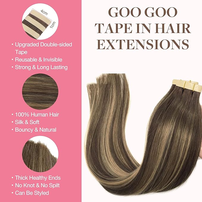 GOO GOO Tape in Hair Extensions Human Hair, 4/26/4 Balayage Chocolate Brown to Honey Blonde, 20inch 50g 20pcs, Skin Weft Seamless Invisible, Silky Straight with Thick Ends, Remy Human Hair