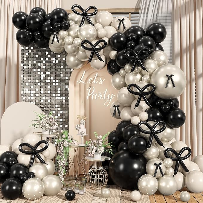 Black White Bow Balloon Arch Kit, Double-stuffed Pearl Beige Cream Balloons by YYDTMHT