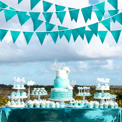Teal Aqua Blue Triangle Pennant Banner Dark Metallic Fabric Flag Bunting Garland - Image 5