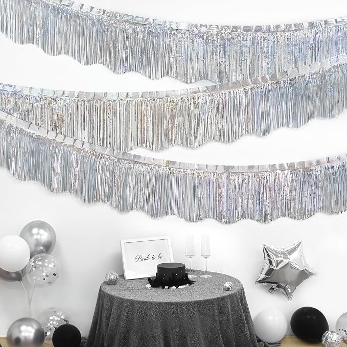 LOLStar Silver Foil Fringe Tinsel Garland, Tinsel Streamers Banner, 6 Pack | - Image 2
