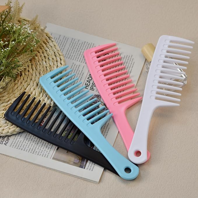 MODENGKONGJIAN 4PCS Wide Tooth Comb, Large Hair Detangling Comb Styling Comb for Curly, Wet, Long Hair (Black & Blue, Polypropylene (PP))