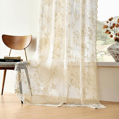 Beige Lace Curtains 120 Inches Long 2 Panels Vintage Floral Sheer Curtains - Image 7