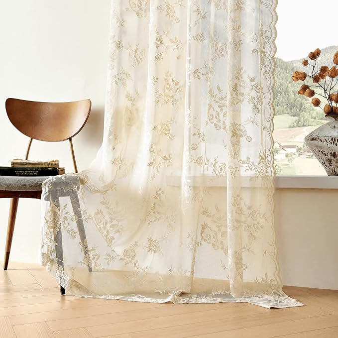 SEEKRIGHT Beige Lace Curtains 90 Inches Long Victorian Floral Sheer Curtains - Image 6