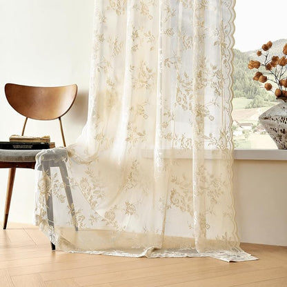 SEEKRIGHT Beige Lace Curtains 90 Inches Long Victorian Floral Sheer Curtains - Image 6