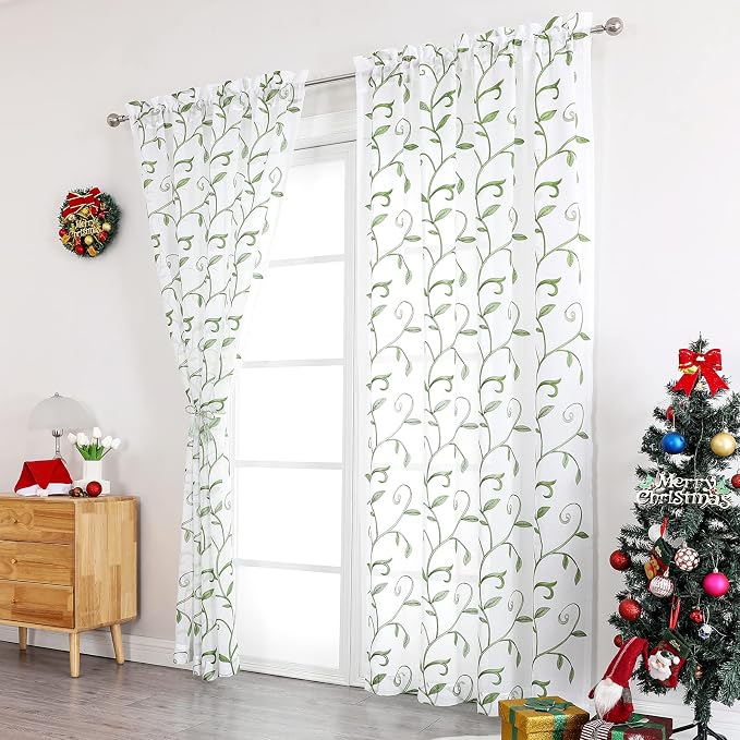 Embroidered Green Sheer Voile Curtains, Leaves Embroidery Faux Linen Rod Pocket - Image 2
