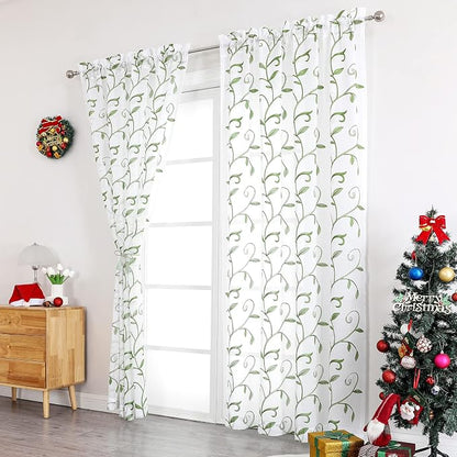 Embroidered Green Sheer Voile Curtains, Leaves Embroidery Faux Linen Rod Pocket - Image 2