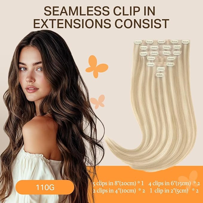 DOORES Clip in Human Hair Extensions, Dark Blonde Highlighted Bleach Blonde 110g 16 Inch 7pcs, Seamless Remy Hair Weft Invisi Edge Straight