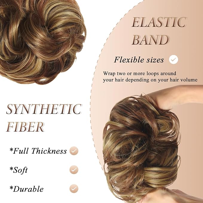 Large Messy Bun Hair Piece Curly Synthetic Extensions Scrunchies Fake Chignon Updo Hairpieces for Women Bronde Highlights