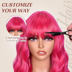 Bob Wig With Bangs Wave Wigs for Women 14 Inch Short Loose Wavy Heat Resistant Synthetic Wig Shoulder Length Hair for Daily and Cospaly Party Use (Rose mixed Purple)