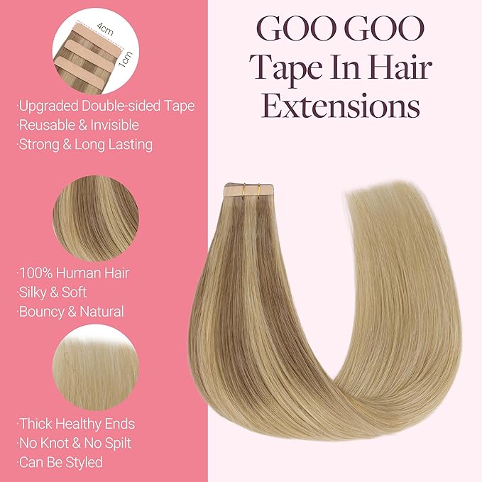 GOO GOO Tape in Hair Extensions Human Hair, #(T12A/18H) P18H Ash Beige Blonde Blend, 24inch 50g 20pcs, Skin Weft Seamless Invisible, Silky Straight with Thick Ends, Remy Human Hair