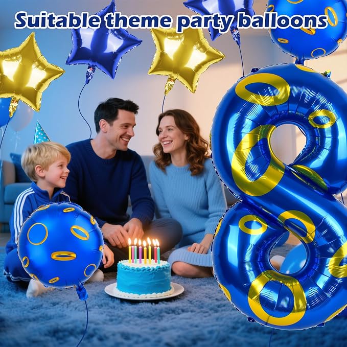 40 Inch Blue and Golden Ring Themed Number Balloon, Number Block Foil Number 8 - Image 3