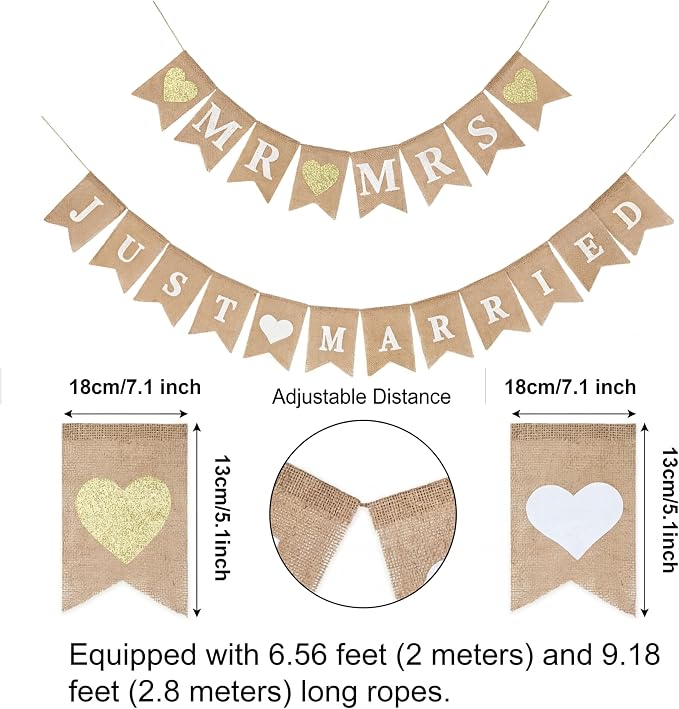 Blulu 2 Pcs Just Married Banner Burlap Wedding Mr and Mrs, Vintage Pre - Image 2
