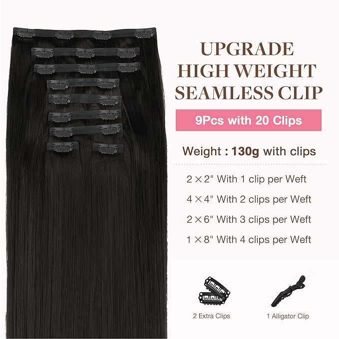 GOO GOO Clip in Hair Extensions Real Human Hair, Remy Human Hair Extensions Clip ins for Women, Natural Human Hair, 16inch 160g 9Pcs, #2 Dark Brown