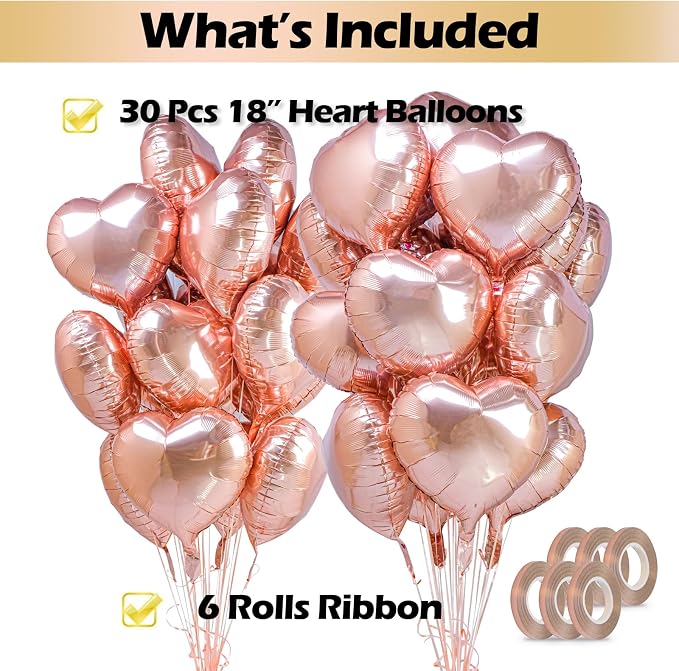 30 Pcs 18 Inch Rose Gold Heart Foil Mylar Helium Balloons - Image 3