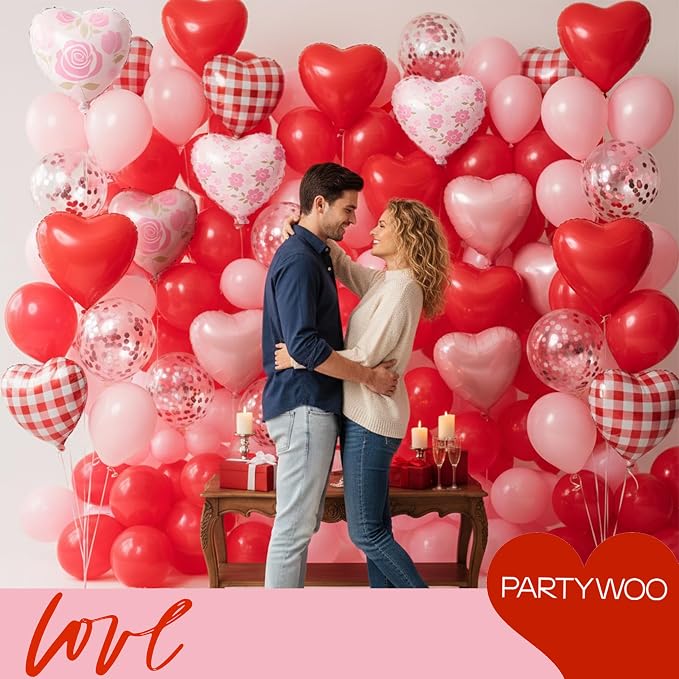PartyWoo Pink White Red White Red Heart Foil Balloons 15pcs 18 Inch | Balloons - Image 2