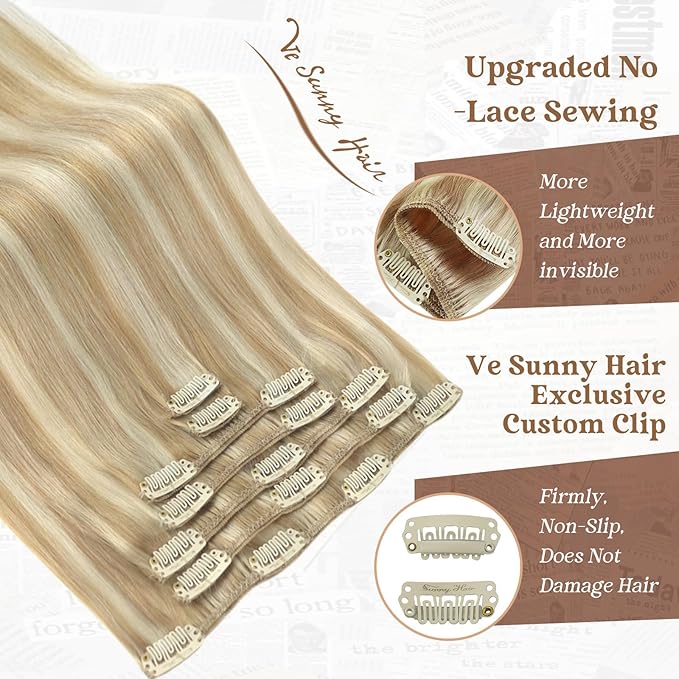 Ve Sunny Human Hair Clip in Hair Extensions Highlights Hair Extensions Real Human Hair Clip ins Caramel Blonde with Platinum Blonde Clip in Hair Extensions Human Hair 14 Inch 7pcs 100g